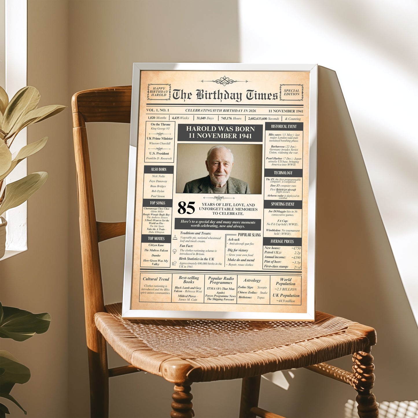 The image is a birthday announcement for Harold, who was born on November 5, 1941. The announcement is framed and displayed on a wooden chair, with a plant visible in the background.