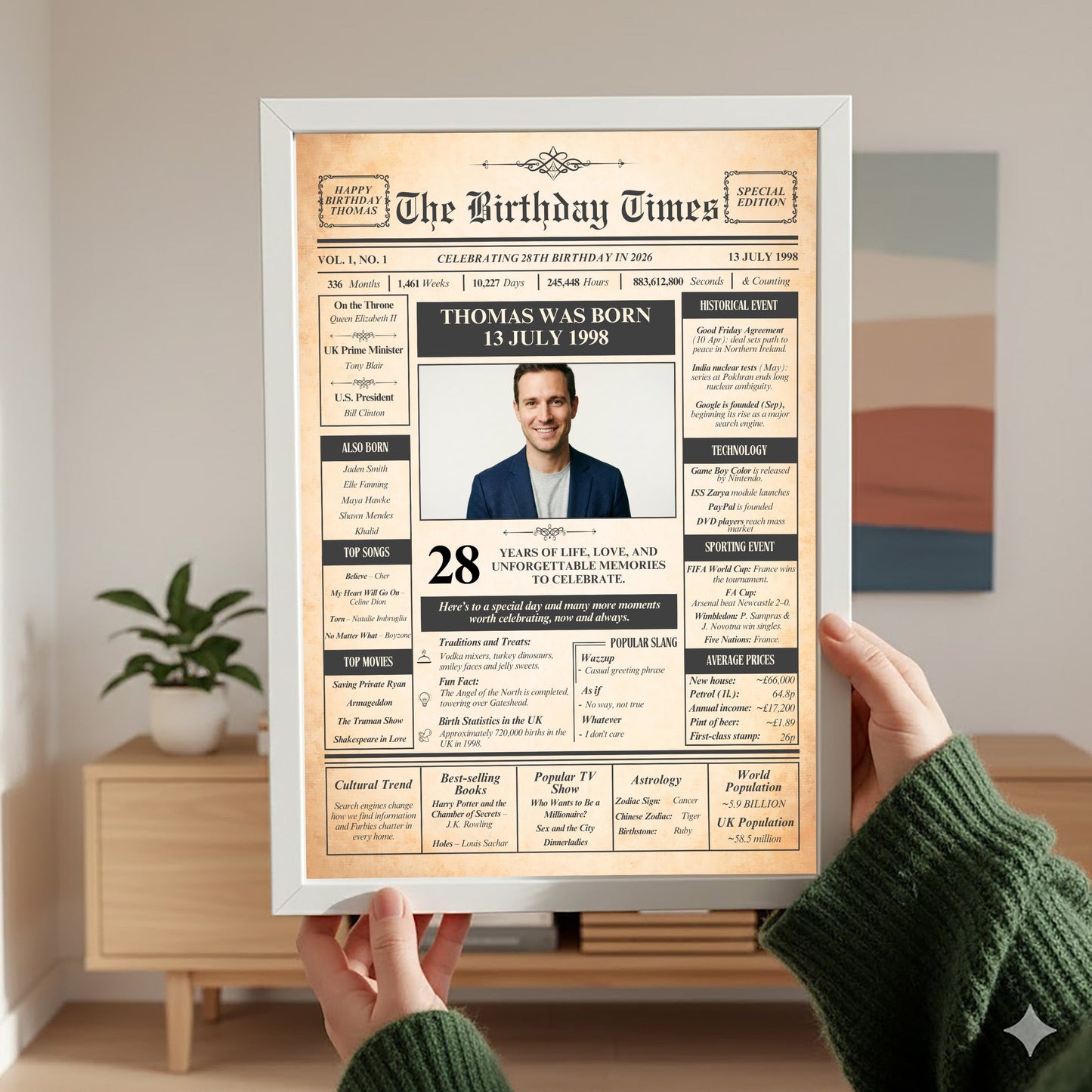 A person is holding up a framed newspaper-style birthday announcement for Thomas, Thomas was born on 13 July 1998, celebrating his 28th birthday.