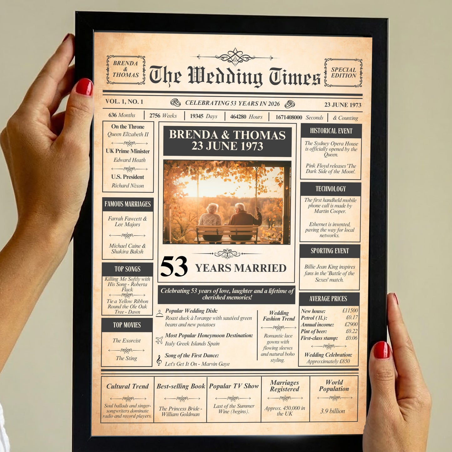 The image is a framed newspaper-style wedding invitation or announcement for a recipient named Brenda and Thomas, celebrating their 53rd wedding anniversary.