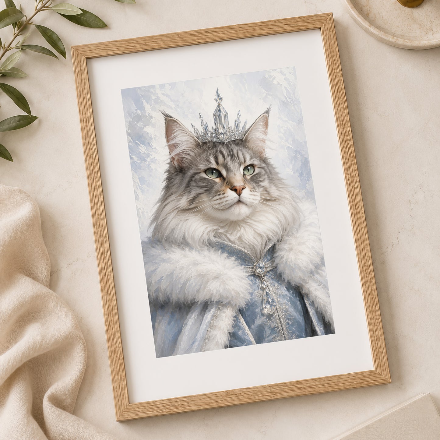 A framed picture of a fluffy gray cat wearing a crown and a blue fur coat, with a pensive expression on its face.