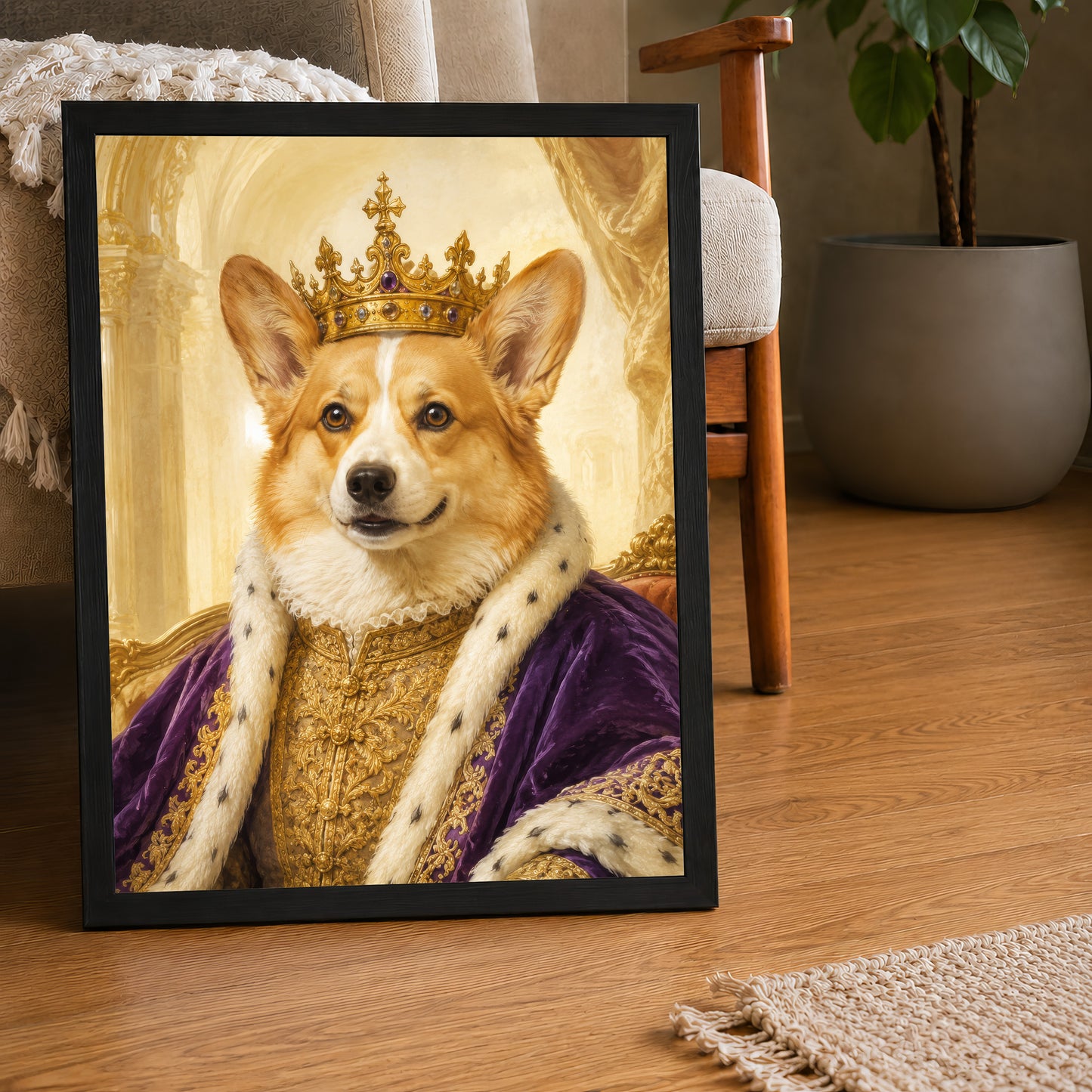 A framed image of a dog wearing a golden crown and a purple robe, sitting on a wooden floor in a living room.
