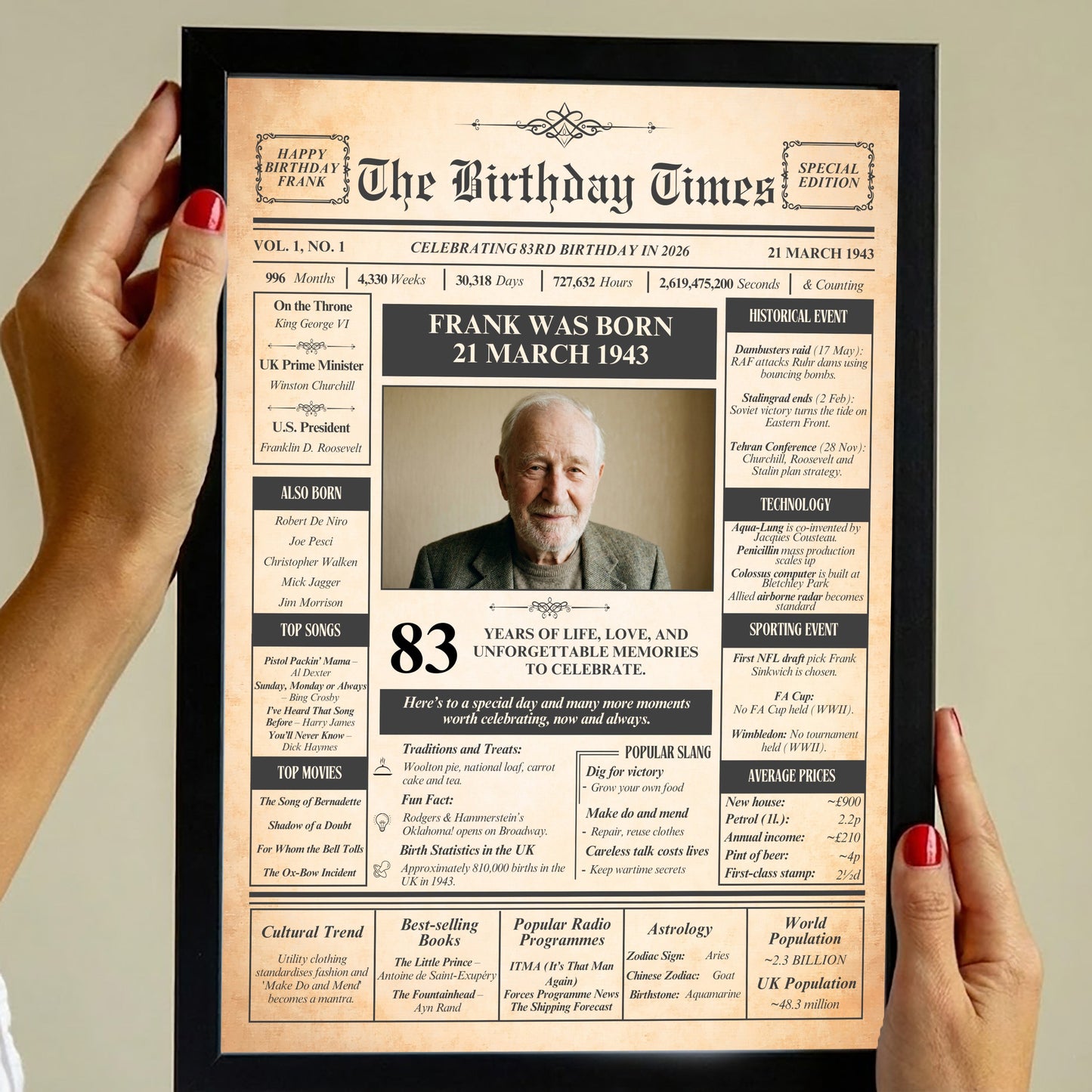 a person holding a framed newspaper-style birthday announcement for Frank Frank, who was born on March 21, 1943. The announcement includes a photo of Frank Frank and provides details about his life, including his 83 years of life, love, and unforgettable memories to celebrate.