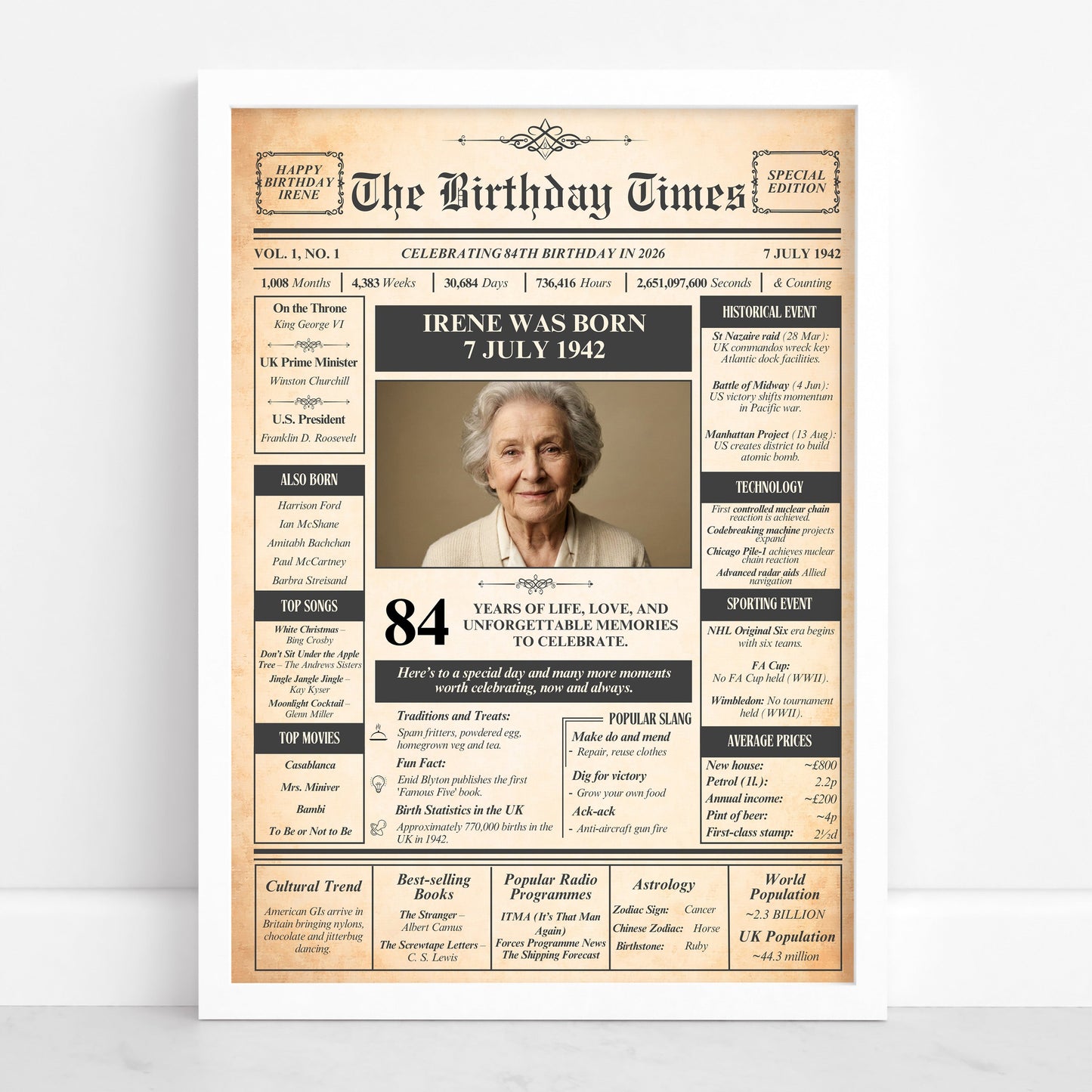 The image is a birthday poster featuring a portrait of an elderly woman, likely celebrating her 84th birthday. The poster includes various details about Irene, such as her birth date, death date, and a list of her accomplishments and experiences. The poster also includes a list of her favourite movies and a list of her favourite songs. The overall layout and content of the poster suggest it is a personalised birthday celebration for Irene.