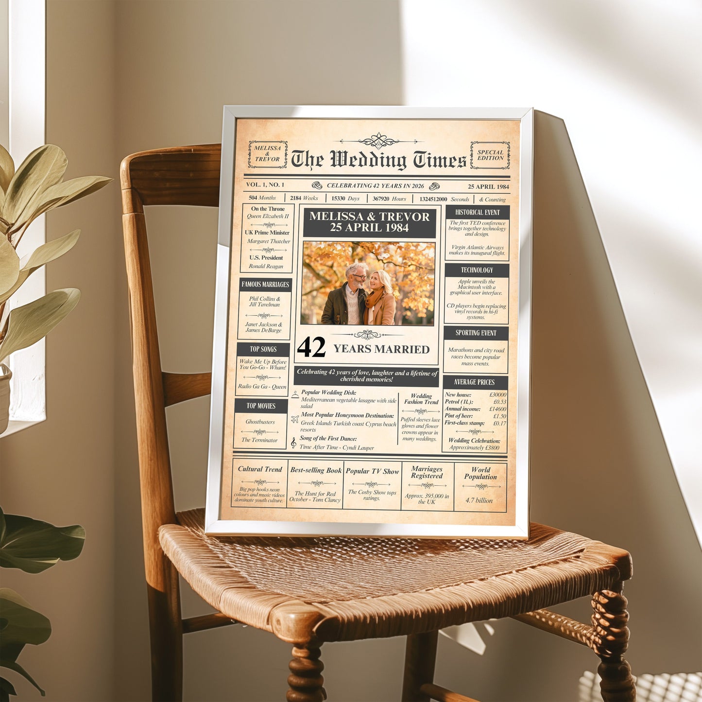 a framed newspaper-style wedding anniversary poster with the title "The Wedding Times" and the date "25 April 1984". The poster features a recipient celebrating their 42 years of marriage, with a photo of the recipient and various text elements providing details about their wedding and life together.