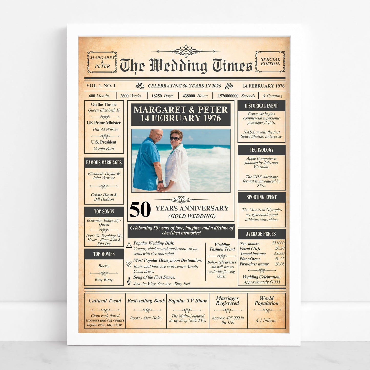 The image is a wedding invitation or announcement for the Wedding Times magazine, featuring a recipient celebrating their 50th wedding anniversary.