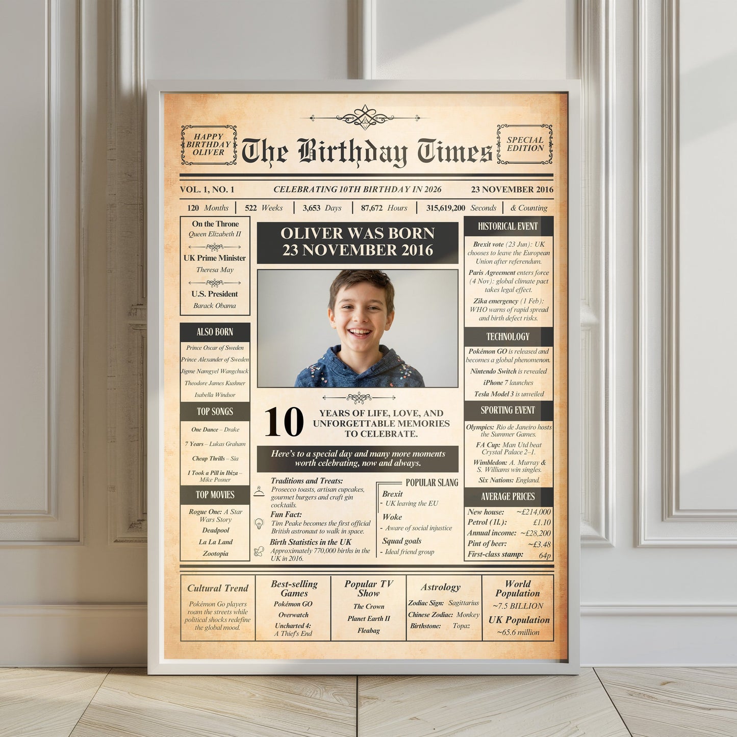 The image is a birthday poster featuring a young boy named Oliver, celebrating his 10th birthday in November 2016. The poster includes a photo of Oliver and a list of his birth details, as well as various other information about him.
