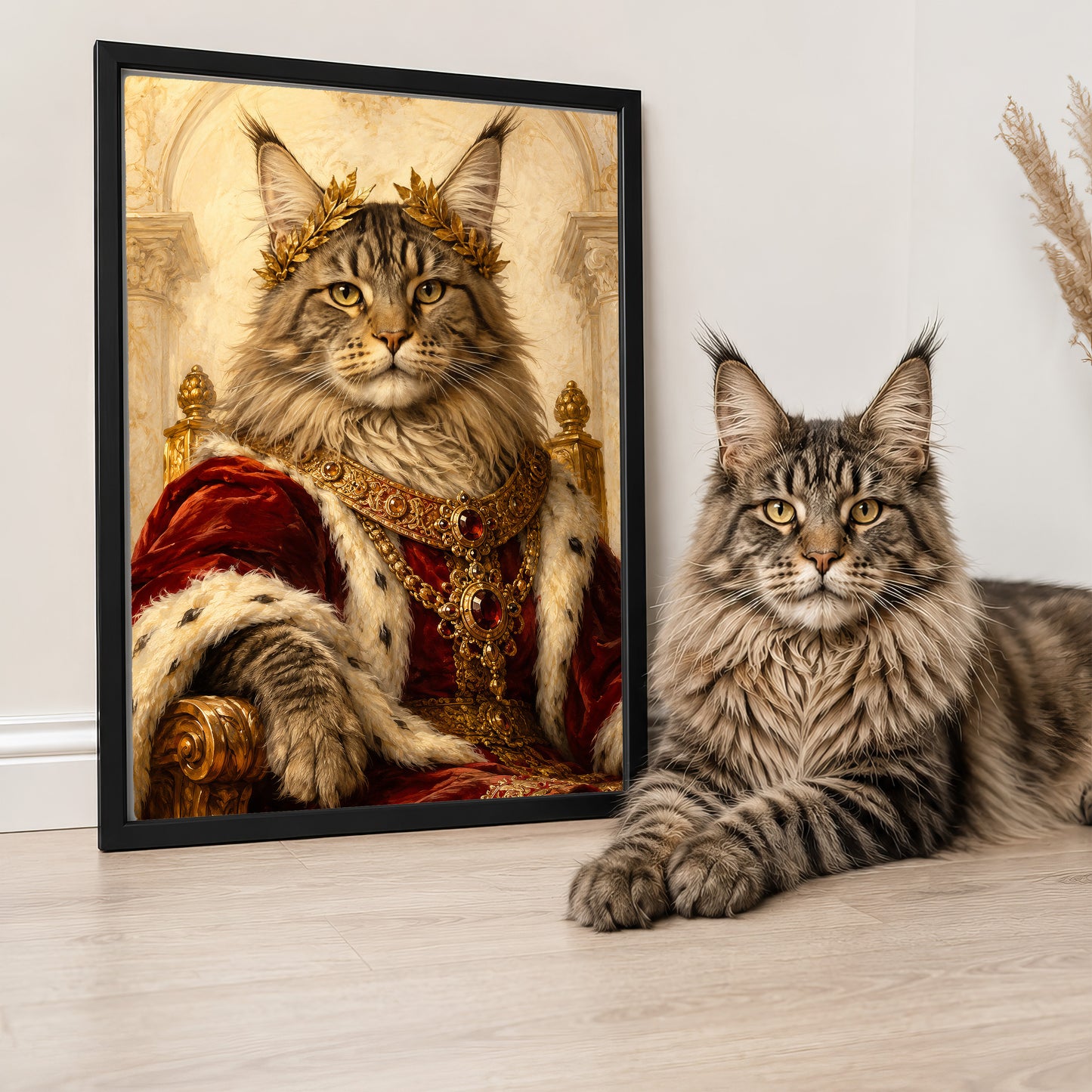 a large cat wearing a regal crown and robe, sitting next to a smaller cat that appears to be a real cat.