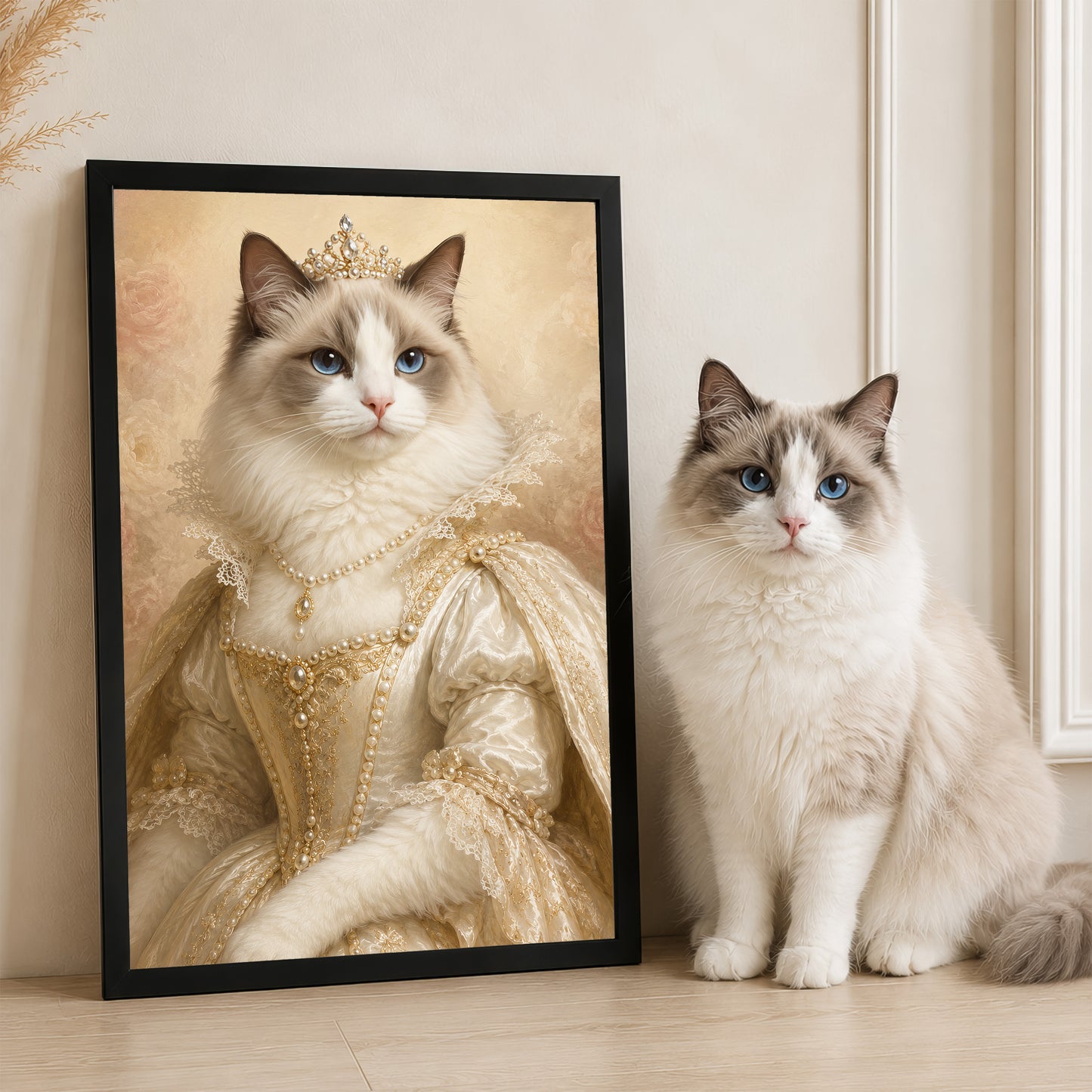 A large cat wearing a gold dress and a crown is sitting next to a smaller cat, both sitting on a wooden floor.
