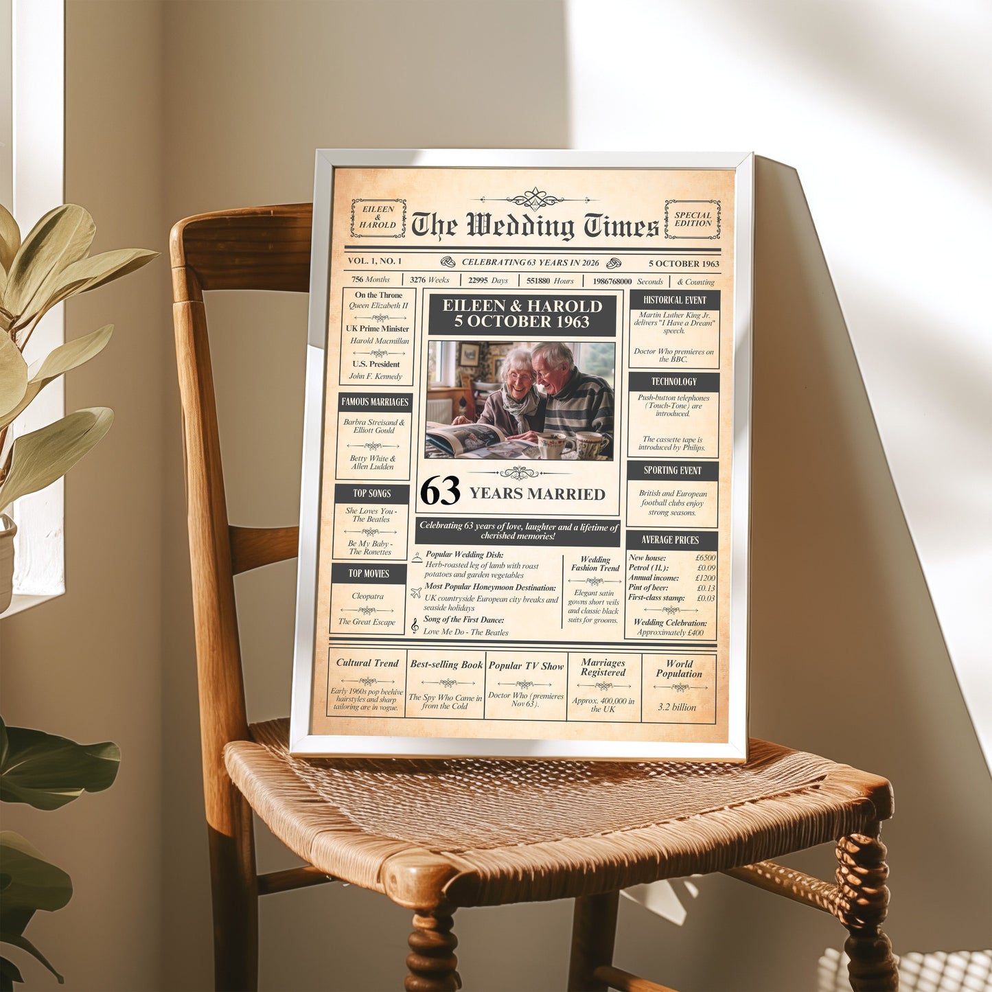 The image is a framed newspaper-style poster celebrating the 63 years of a recipient's marriage, placed on a wooden chair.