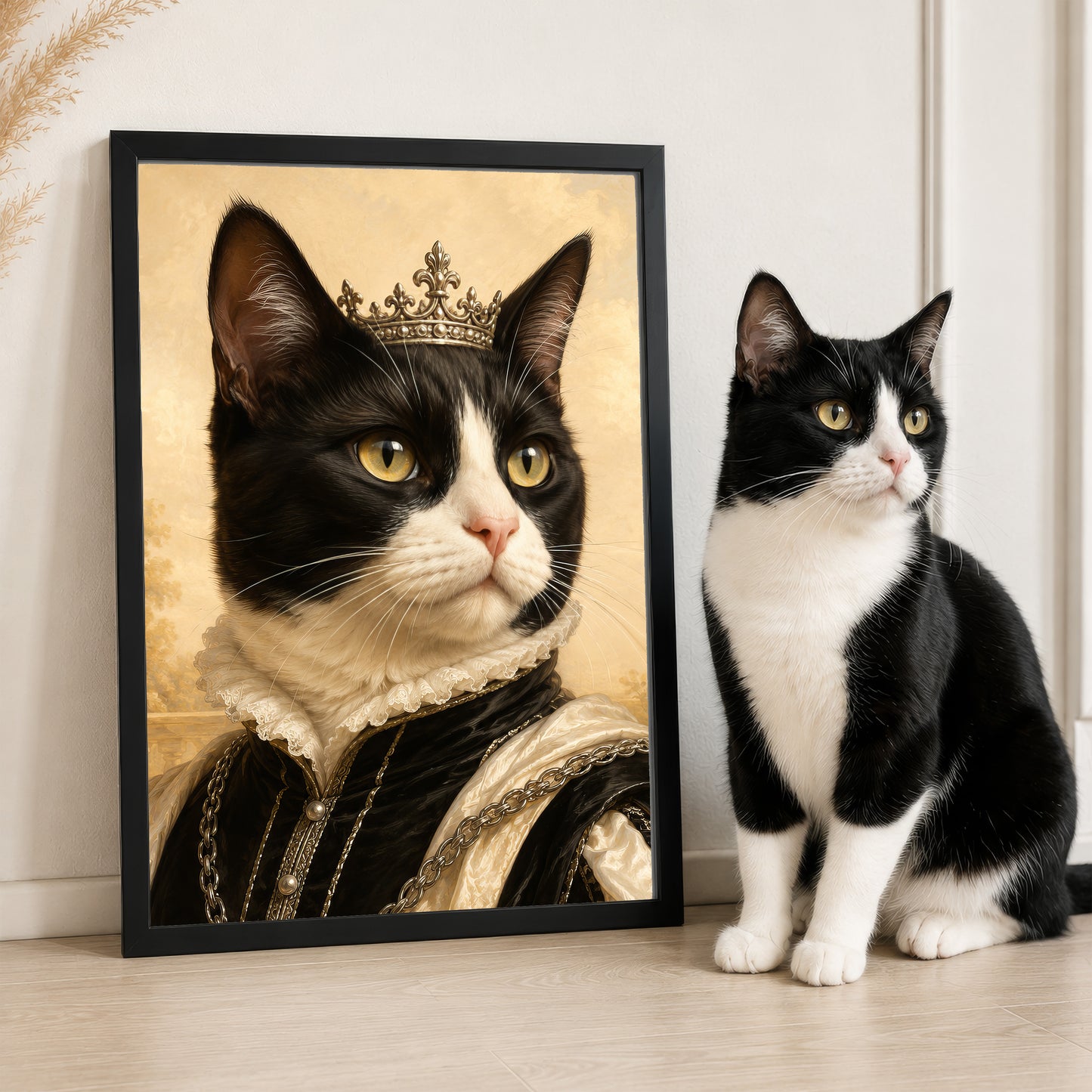 A black and white cat wearing a crown is sitting next to a framed image of the same cat, both placed on a wooden floor.
