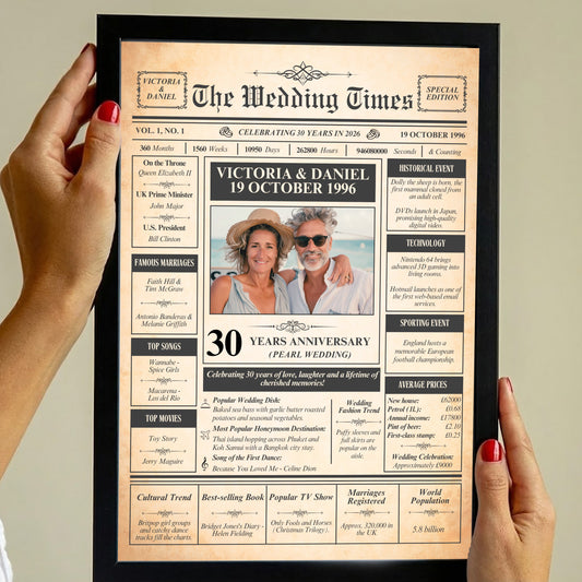 a person holding a framed newspaper-style wedding announcement for Victoria & Daniel, celebrating their 30th anniversary.