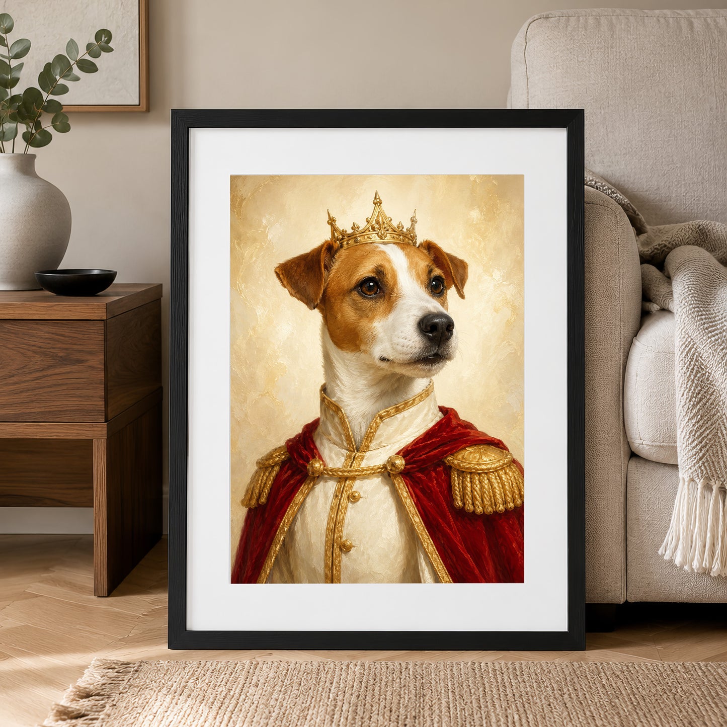 A framed portrait of a dog wearing a red cape and a golden crown, with a serious expression on its face.