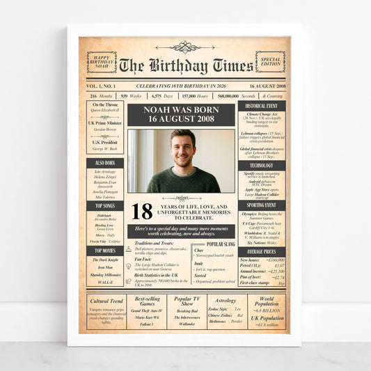 The image is a birthday newspaper-style poster featuring a portrait of a young man, likely Noah, with various text elements and statistics about his life.