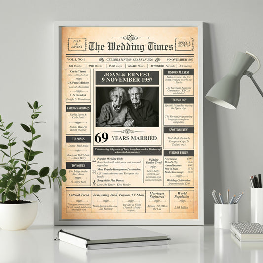 The image is a framed newspaper-style poster celebrating Joan and Ernest's 69 years of marriage, featuring a black and white photograph of the recipient and various text elements.