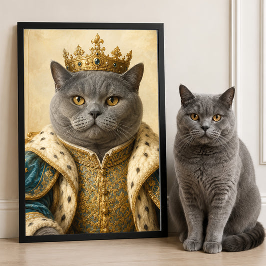 A gray cat wearing a golden crown is standing next to a smaller gray cat, both sitting on a wooden floor.