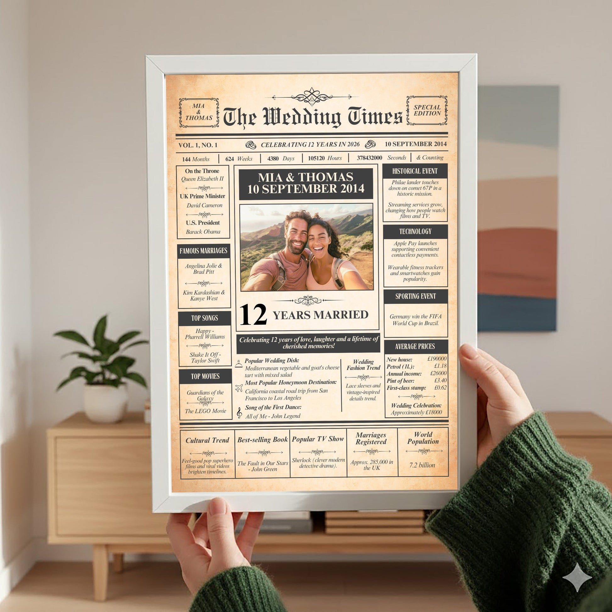 A person is holding up a framed newspaper-style wedding announcement for the recipient, Mia and Thomas, celebrating their 12th wedding anniversary.