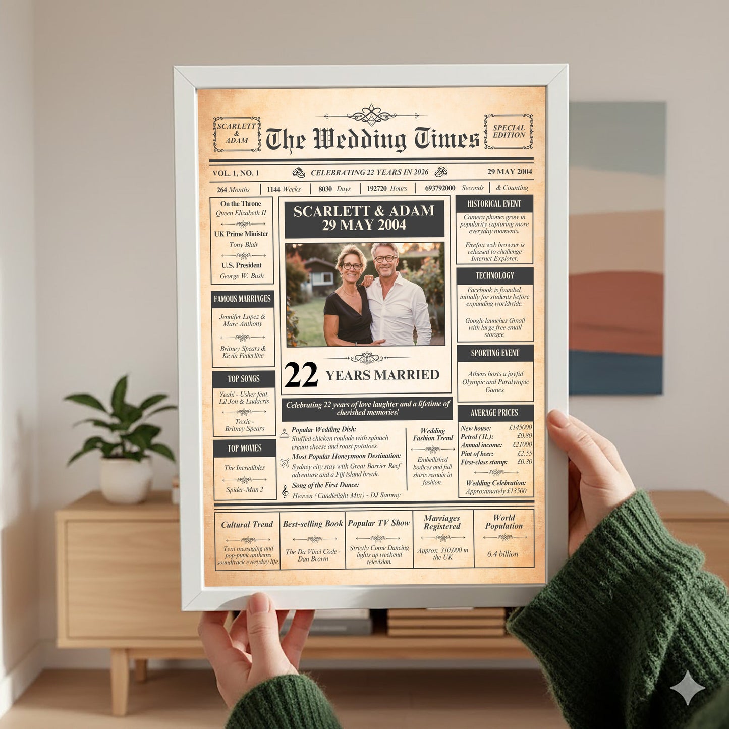 A person is holding up a framed newspaper-style wedding announcement for their recipient, celebrating their 22 years of marriage.