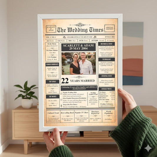 A person is holding up a framed newspaper-style wedding announcement for their recipient, celebrating their 22 years of marriage.