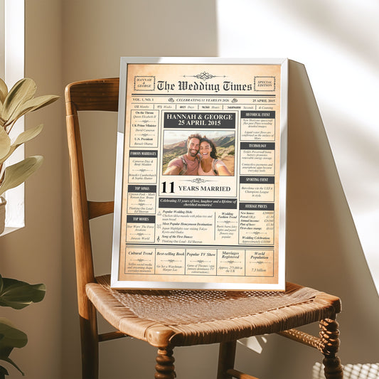 The image is a framed newspaper-style wedding announcement for Hannah & George, celebrating their 11th year of marriage.