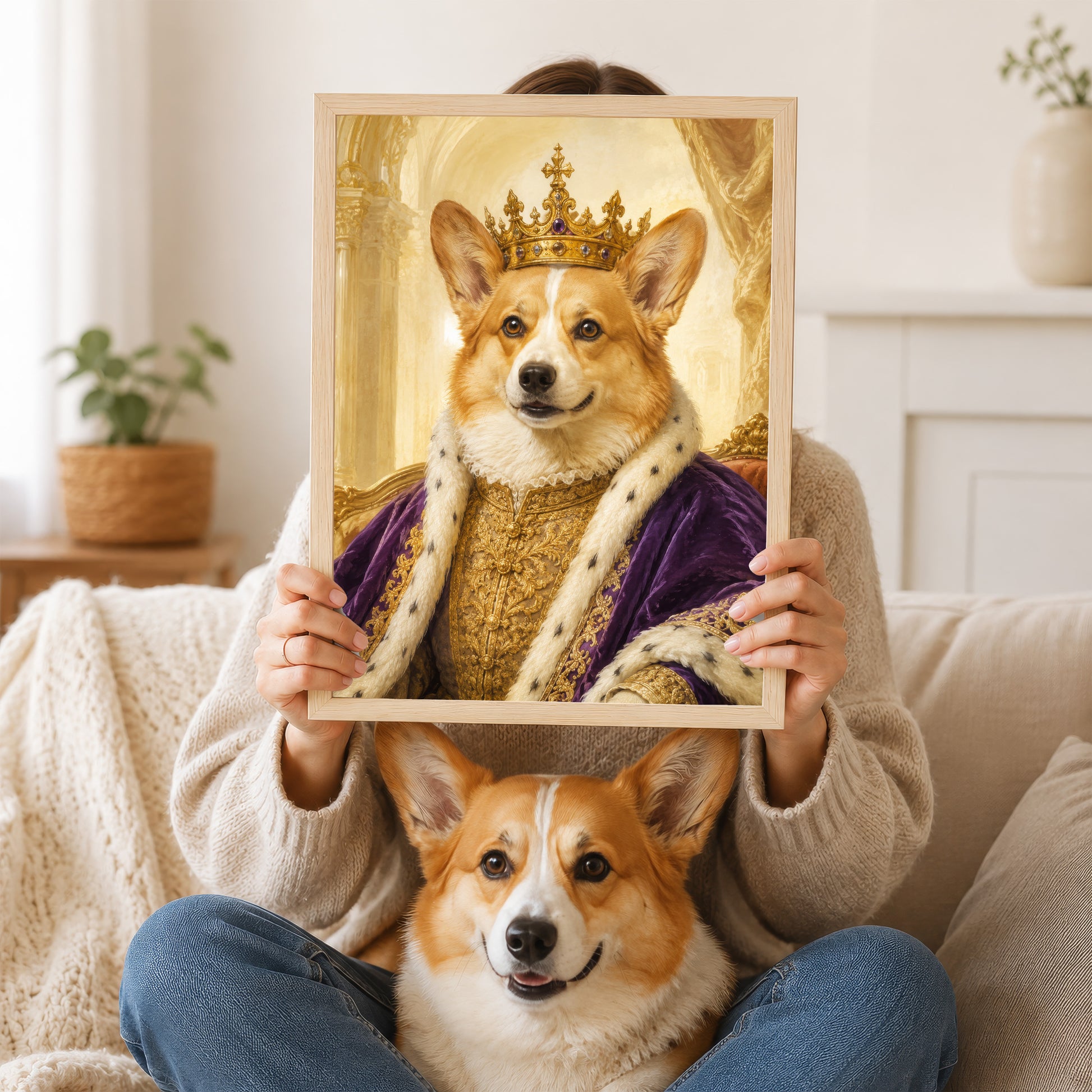A person is holding up a framed picture of a dog wearing a crown, with the dog sitting next to them on a couch.