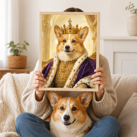 A person is holding up a framed picture of a dog wearing a crown, with the dog sitting next to them on a couch.