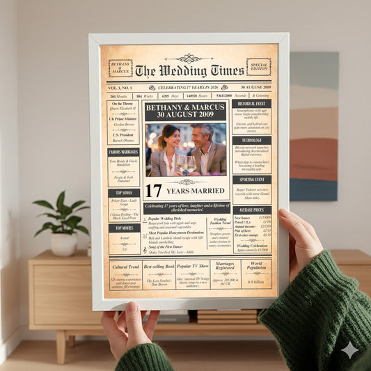A person is holding up a framed newspaper-style wedding announcement for Bethany & Marcus, celebrating their 17th year of marriage.