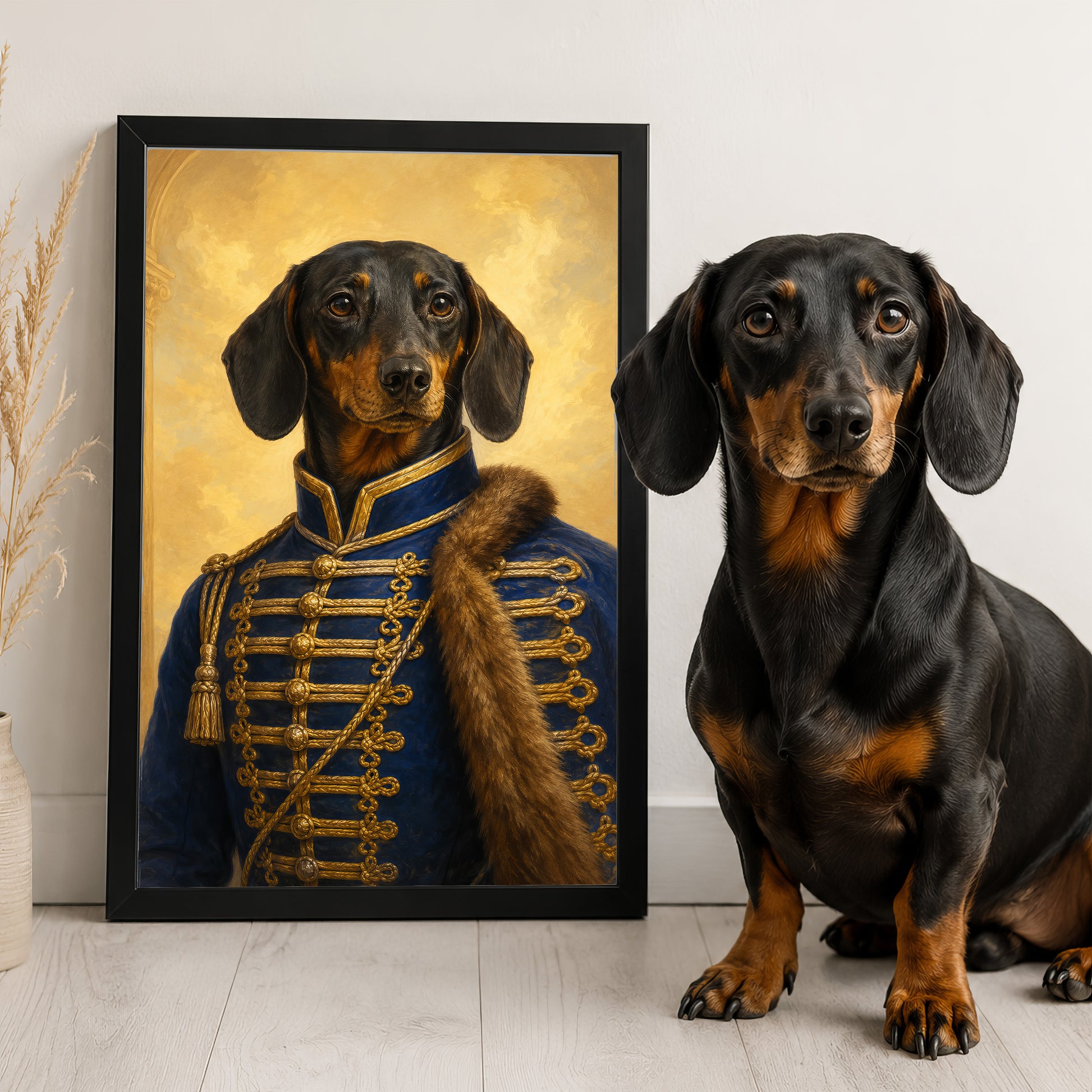 A dachshund dog wearing a blue military-style jacket is sitting next to a framed painting of the same dog in a military uniform.