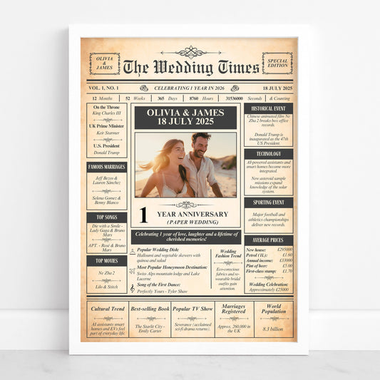 The image is a wedding anniversary newspaper featuring a recipient celebrating their one-year anniversary.