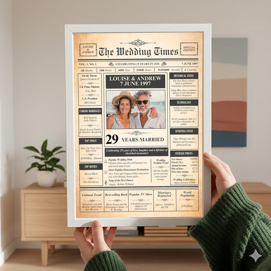 a person holding up a framed newspaper-style wedding anniversary poster. The poster displays the names "LOUISE & ANDREW" and "29 YEARS MARRIED" along with various details about their 29 years of marriage.