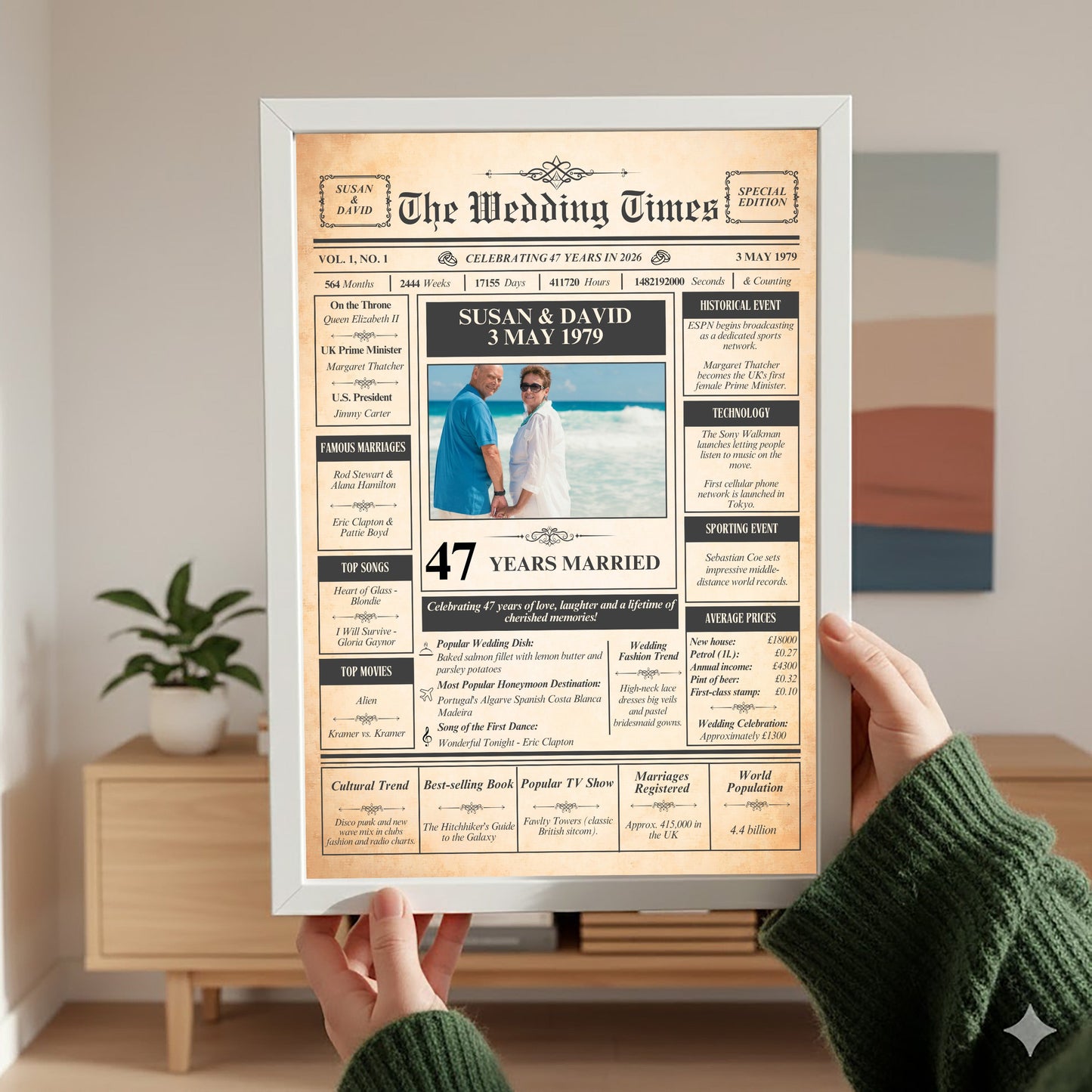 a person holding up a framed newspaper-style birthday announcement for a recipient celebrating their 47th wedding anniversary.
