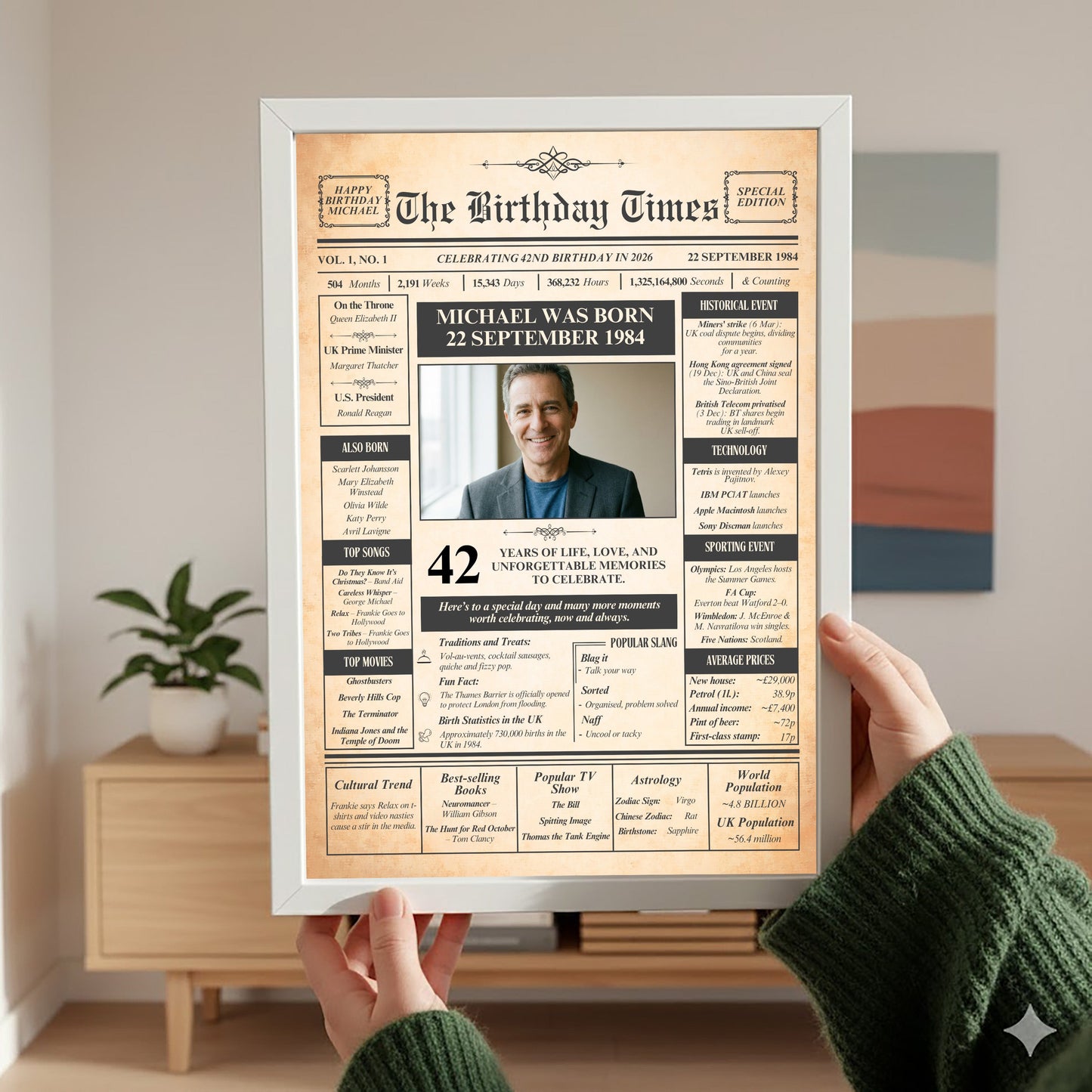 a person holding up a framed newspaper-style birthday announcement for Michael, who was born on September 22, 1984. The announcement includes a photo of Michael and various details about his life and achievements.