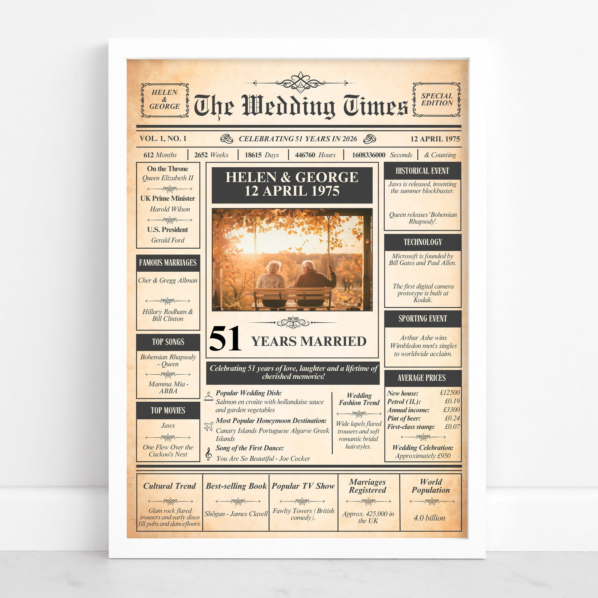 The image is a wedding invitation or announcement for the Wedding Times newspaper, featuring a recipient celebrating their 51-year anniversary.