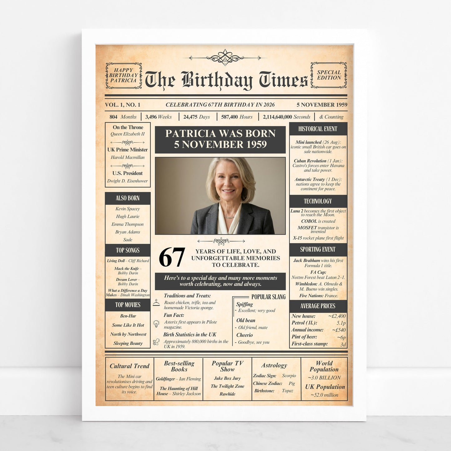 The image is a birthday newspaper-style poster featuring a portrait of Patricia Williams, born on November 5, 1959, and celebrating her 67th birthday.