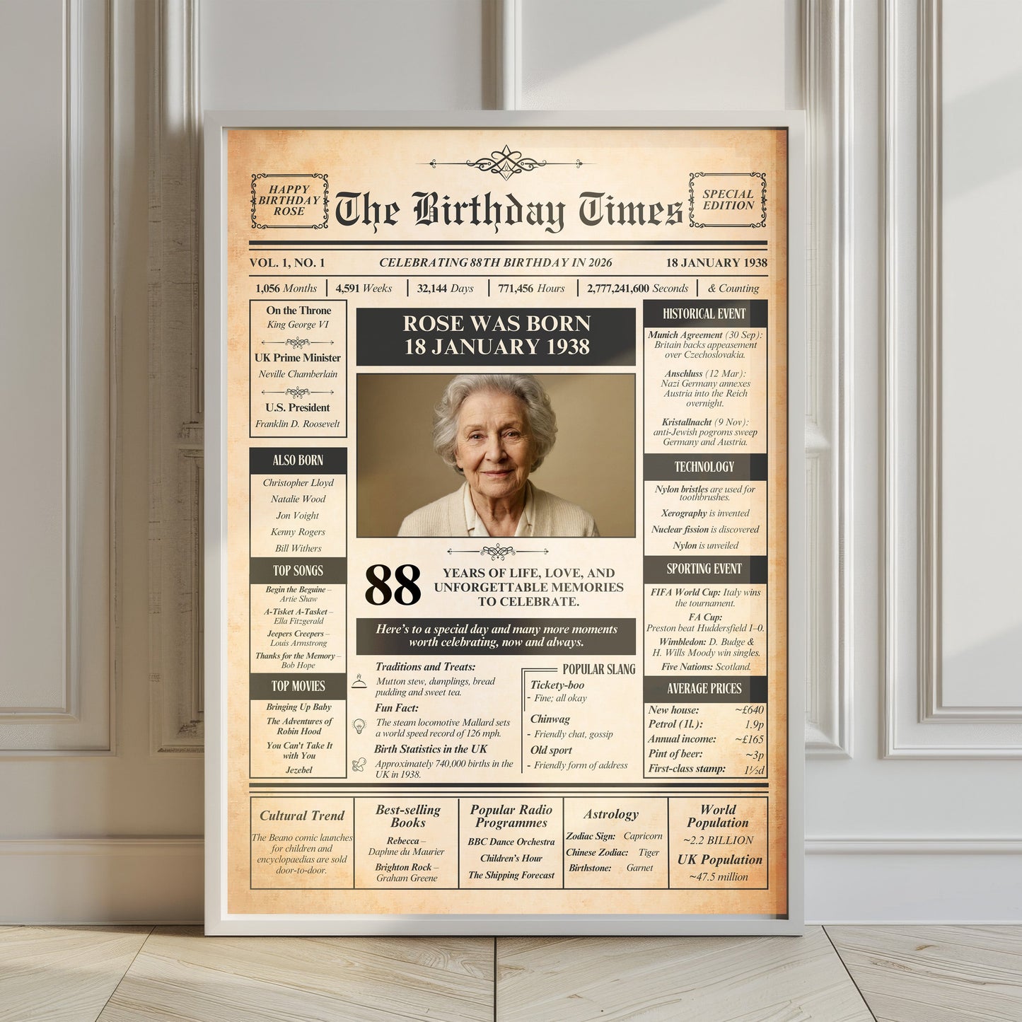 The image is a birthday poster featuring a portrait of an elderly woman, Rose, who was born on January 18, 1938. The poster includes various details about Rose's life, such as her birth date, age, and accomplishments.