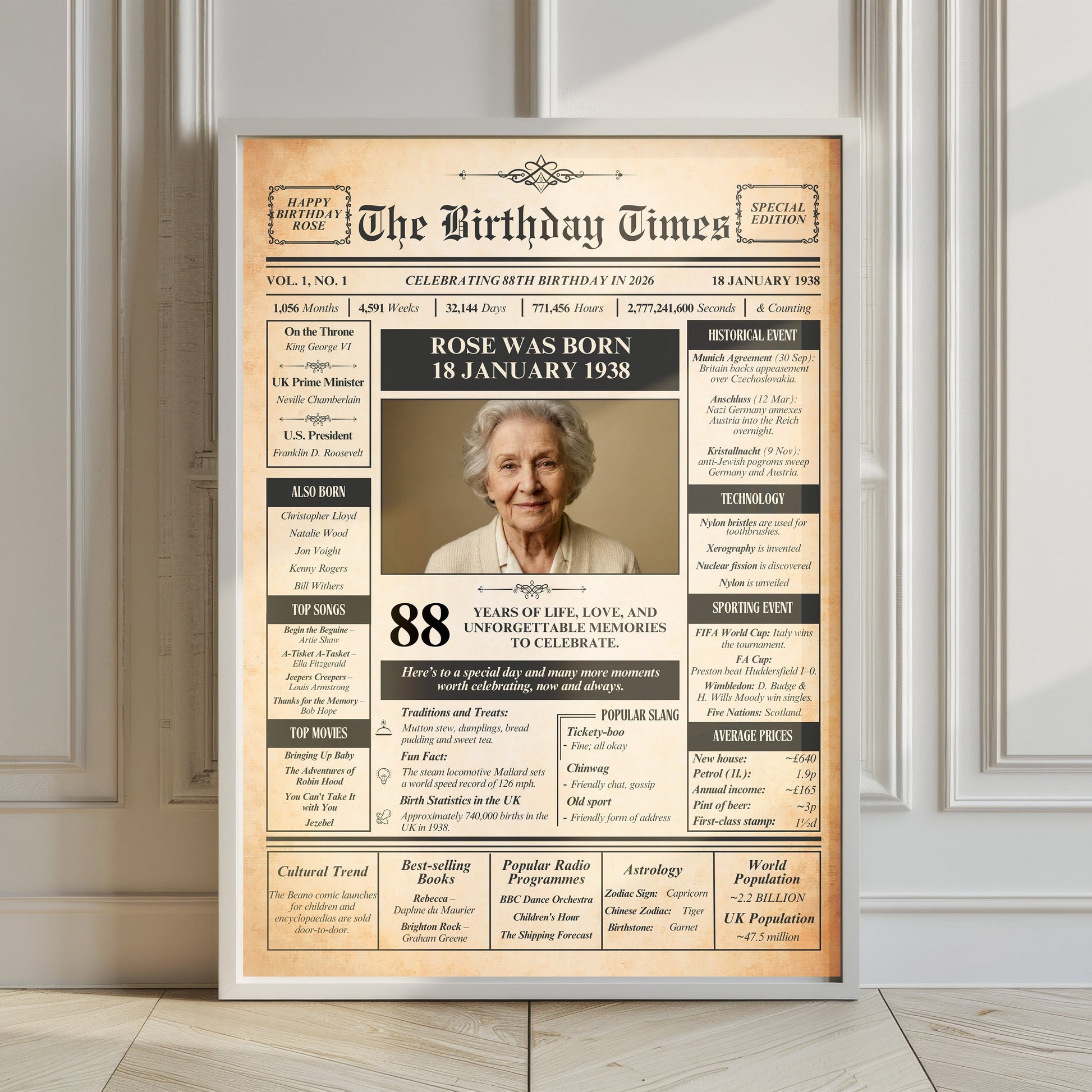 The image is a birthday poster featuring a portrait of an elderly woman, Rose, who was born on January 18, 1938. The poster includes various details about Rose's life, such as her birth date, age, and accomplishments.