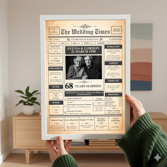 A person is holding up a framed newspaper-style birthday announcement for Sylvia Gordon, celebrating their 68th wedding anniversary.