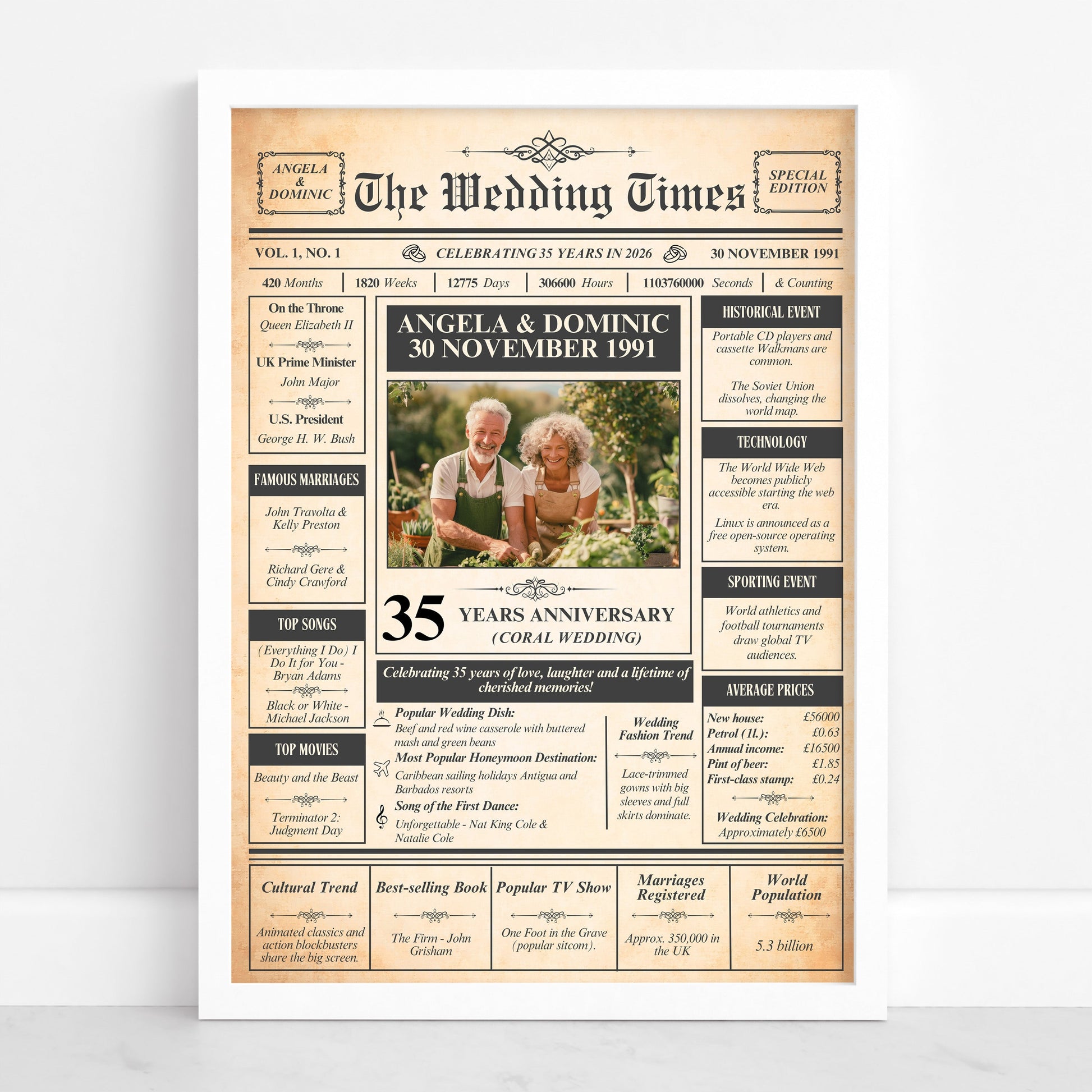 The image is a wedding anniversary newspaper featuring a recipient celebrating their 35th anniversary in 1991.