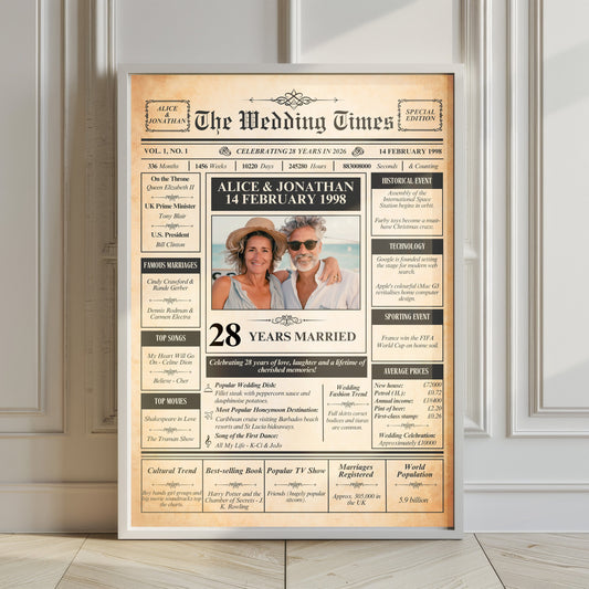 The image is a personalised wedding anniversary newspaper featuring a recipient celebrating their 28 years of marriage.