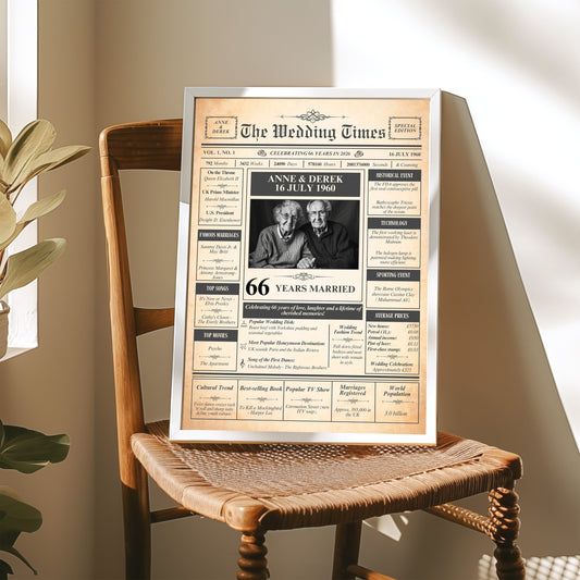 The image is a framed newspaper-style print featuring a recipient celebrating their 66 years of marriage, with various articles and headlines about their life together.