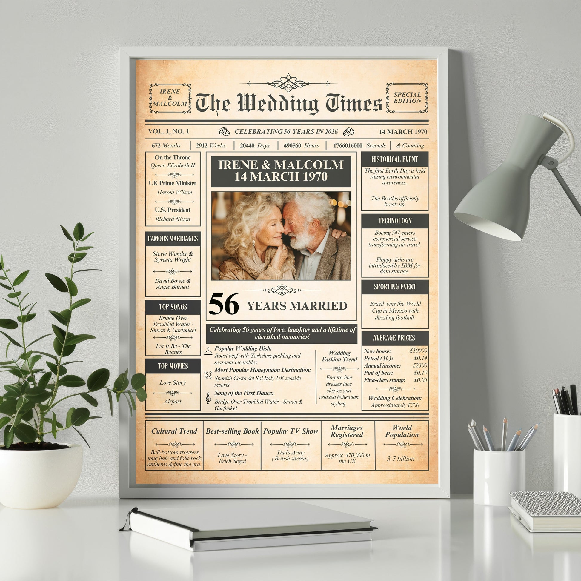 The image is a framed newspaper-style poster celebrating the 50th anniversary of the marriage of Irene and Malcolm, with a photo of the recipient.