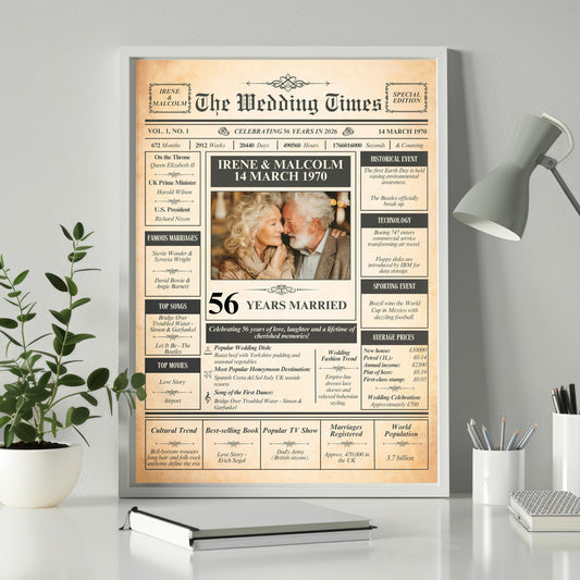 The image is a framed newspaper-style poster celebrating the 50th anniversary of the marriage of Irene and Malcolm, with a photo of the recipient.