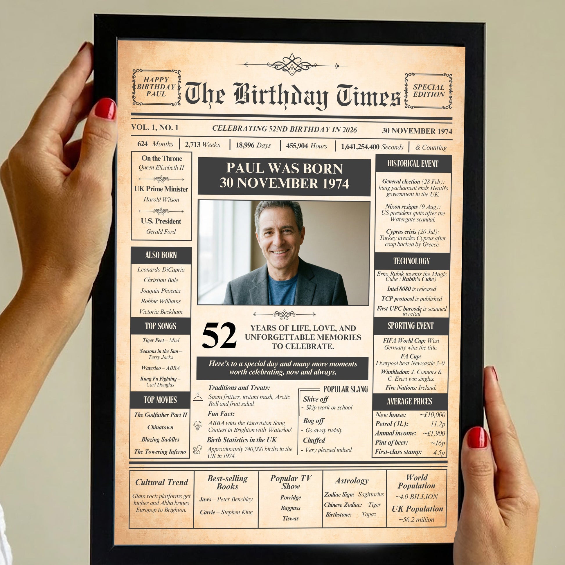 a person holding a framed newspaper-style birthday announcement for Paul, Paul was born on November 30, 1974.