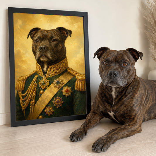 A portrait of a dog wearing a military uniform, with a golden cape and medals, is displayed next to a dog lying on the floor.