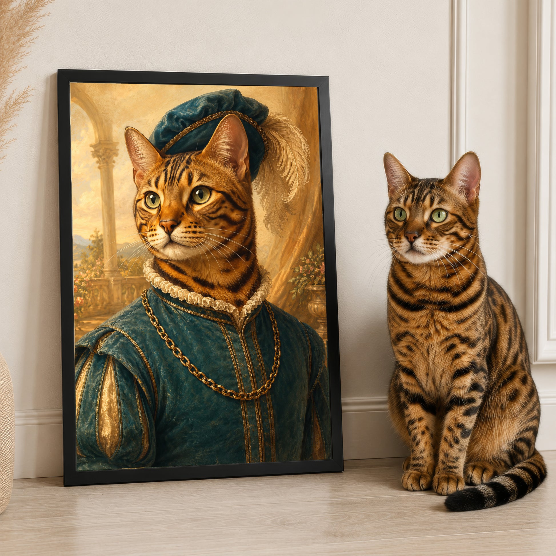A large framed painting of a tiger cat wearing a green outfit and hat, with a smaller cat sitting next to it on the floor.