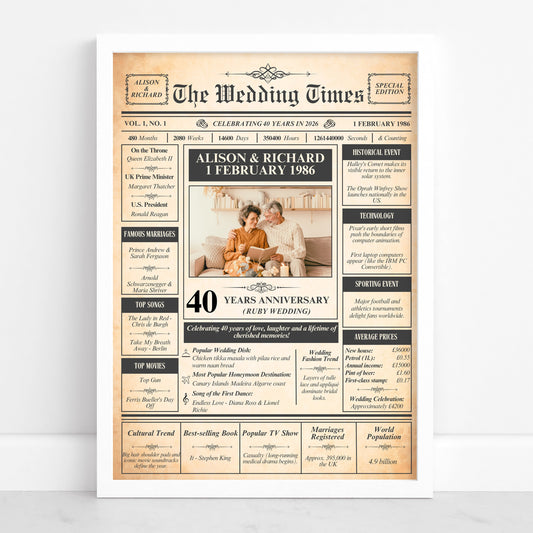 The image is a wedding anniversary newspaper featuring a recipient celebrating their 40th wedding anniversary.