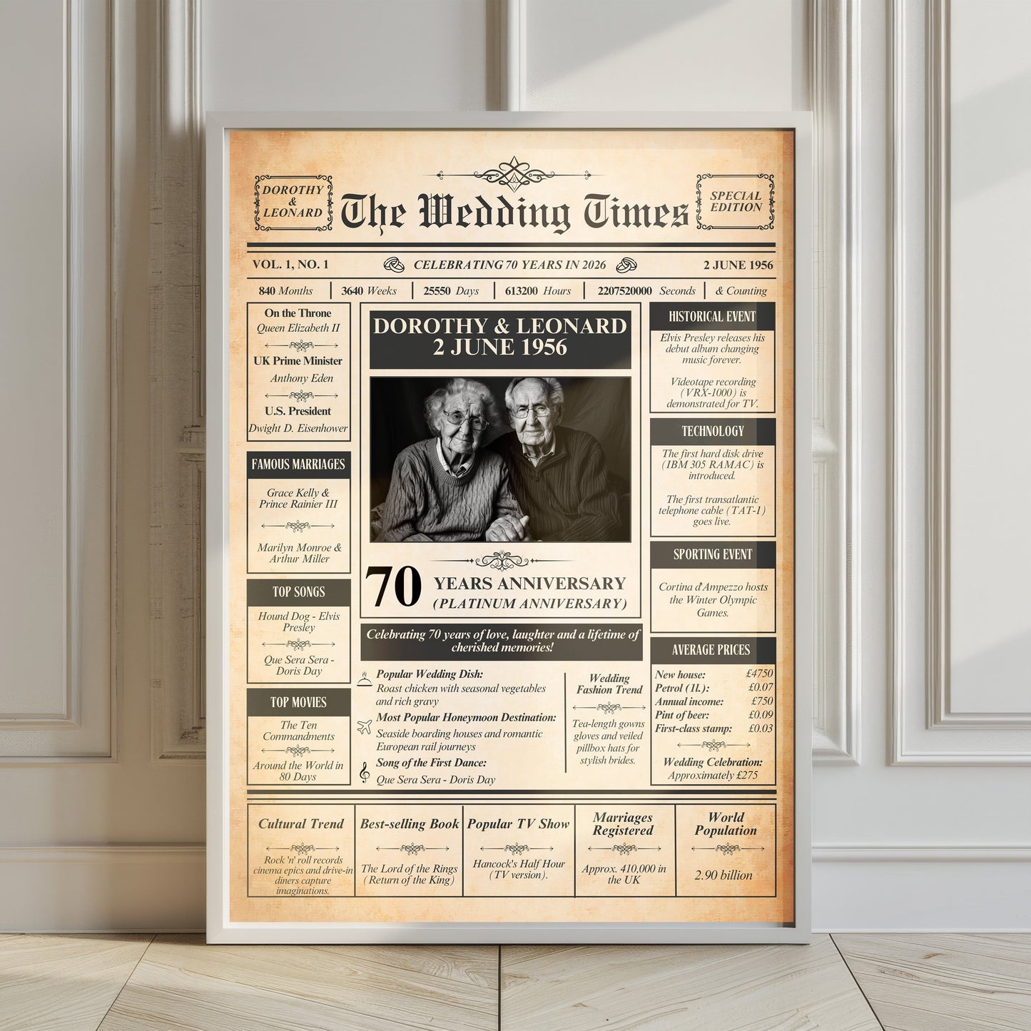 The image is a poster celebrating Dorothy and Leonard's 70 years of marriage, featuring a black and white photograph of the two elderly men and a list of their life events and achievements.