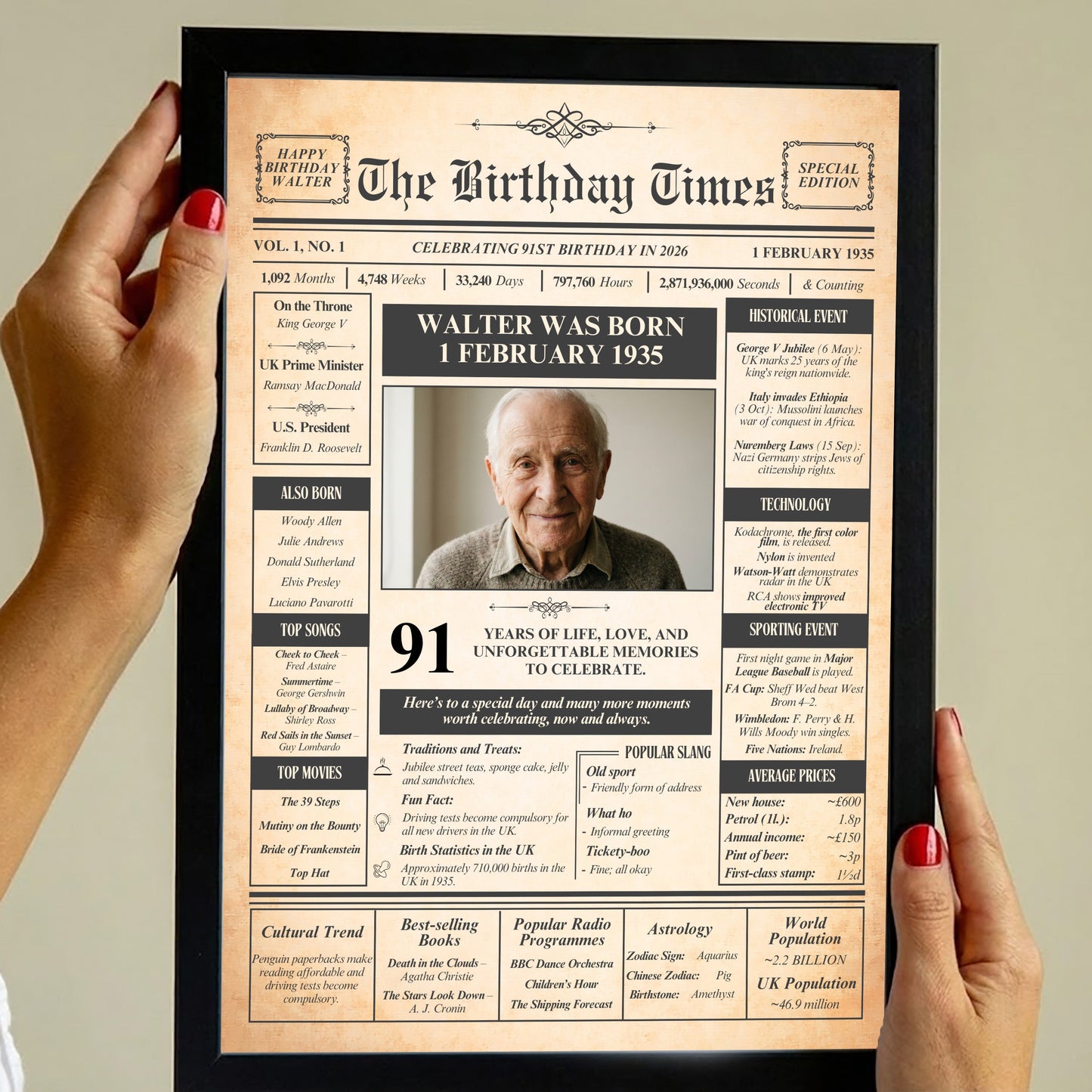 a person holding a framed newspaper-style birthday announcement for Walter Walter, who was born on February 1, 1925. The announcement includes a photo of Walter and various details about his life and achievements.