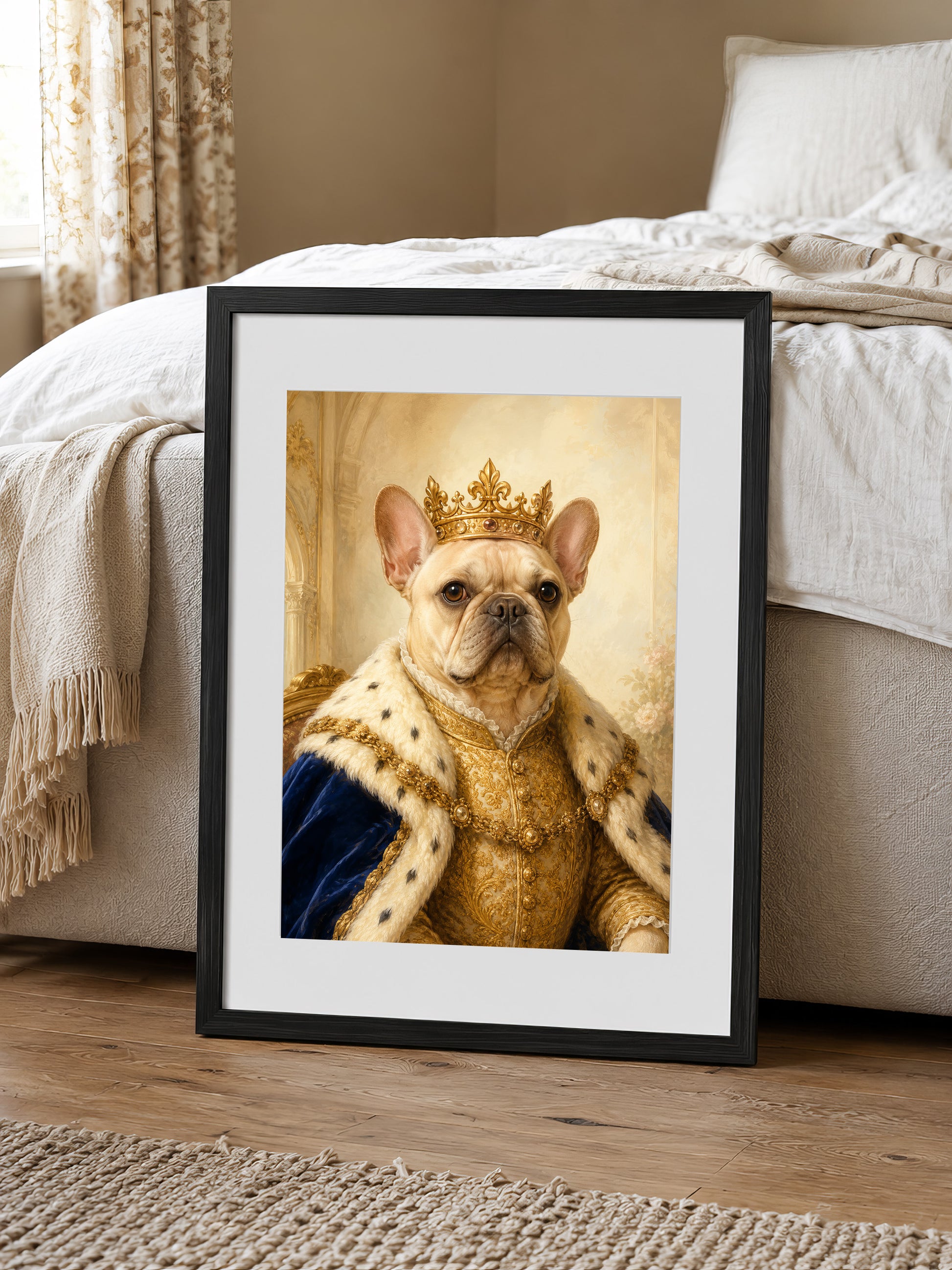 A framed photograph of a French Bulldog wearing a golden crown and a regal outfit, sitting on a bed.