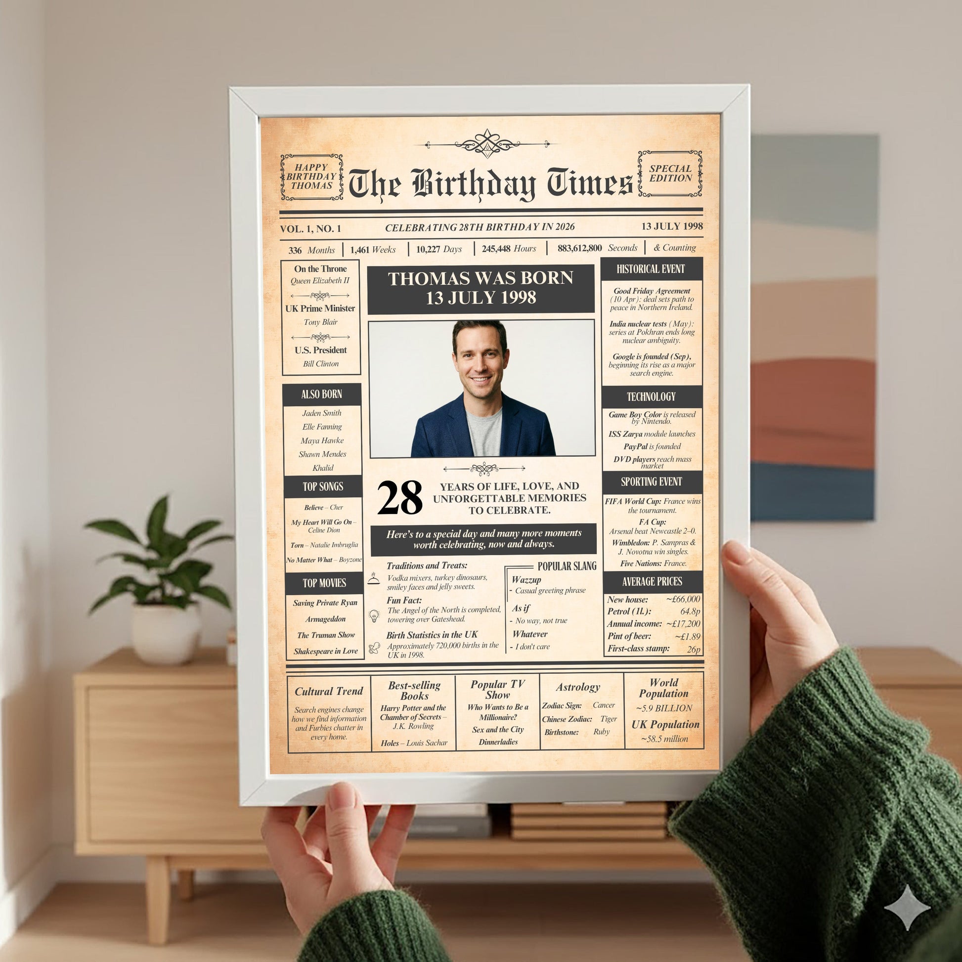 A person is holding up a framed newspaper-style birthday announcement for Thomas, Thomas was born on 13 July 1998, celebrating his 28th birthday.