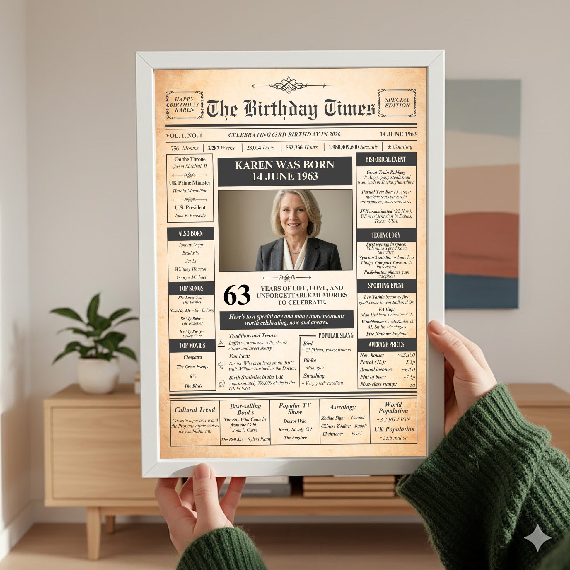 a person holding up a framed birthday newspaper with a portrait of Karen, who was born on June 14, 1963.